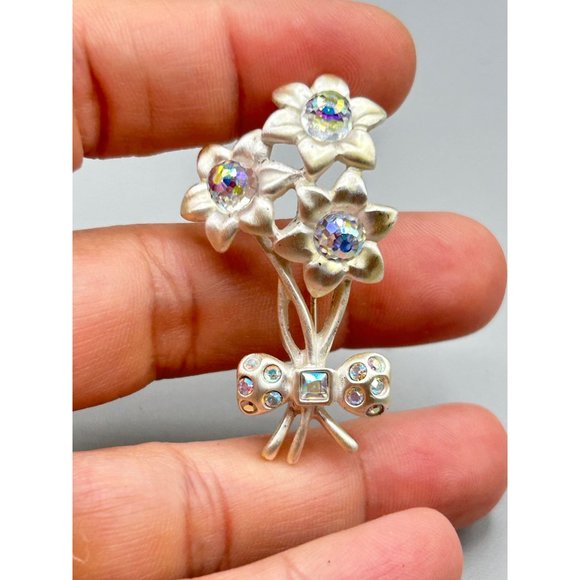 Vintage AK Flower Pin Brooch Anne Klein Matte Silver Tone & AB Crystal Stones - Picture 3 of 6